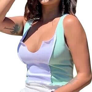 Medium Sleeveless crop op green white Patchwork Tank Stretch Slim Fit Knitted​​